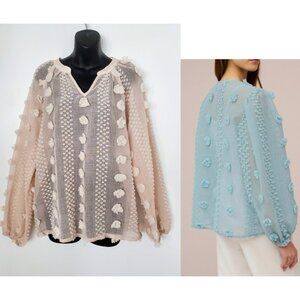 NWT The Line of Style Sheer V-Neck 3D Tufty Puff Sleeve Cream Top Flowy Size S